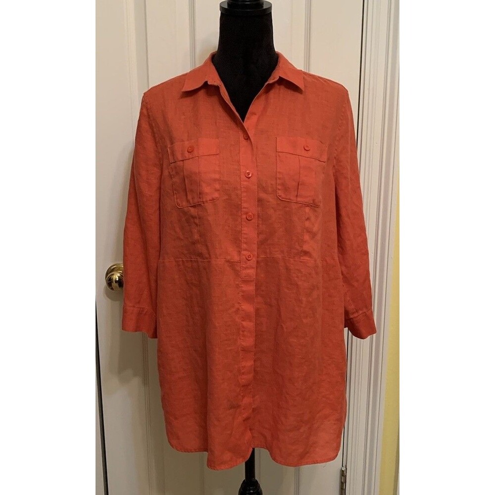 Chicos Size 1 Womens Medium No Iron Linen Tunic Button Roll Tab 3/4 Sleeve